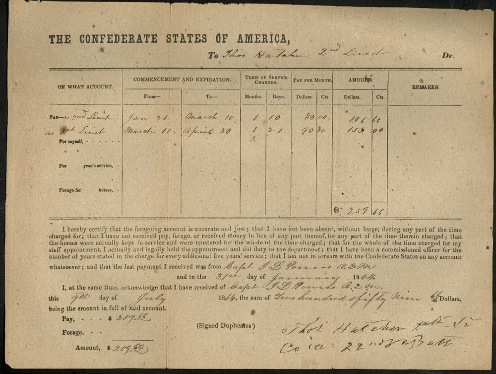 1864 Confederate Pay Voucher for 2nd Lt. Thomas Hatcher, 22nd VA Battalion-image
