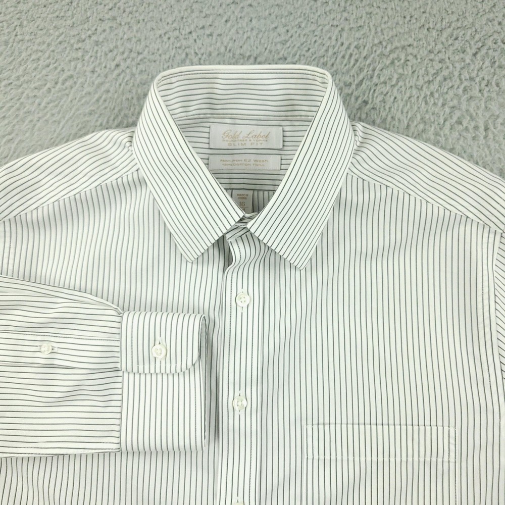 Roundtree & Yorke Gold Label Shirt Mens 16 34 White Stripe Slim Fit Non Iron