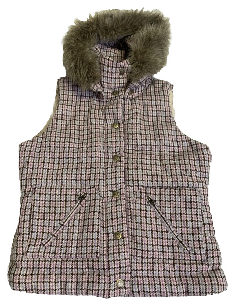 BB Dakota Vest Womens Large Pink Plaid Wool Blend Hood Faux Fur Trim Snap Front