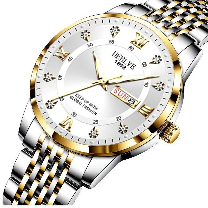 Deblve Luxury Stainless Steel Silver Gold Quartz Watch for Men
