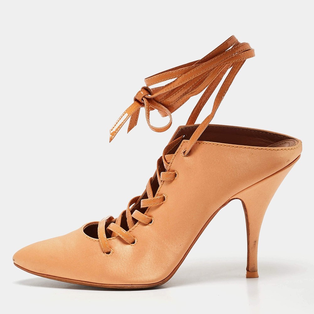 Givenchy Orange Satin Lace Up Backless Mule Sandals Size 39