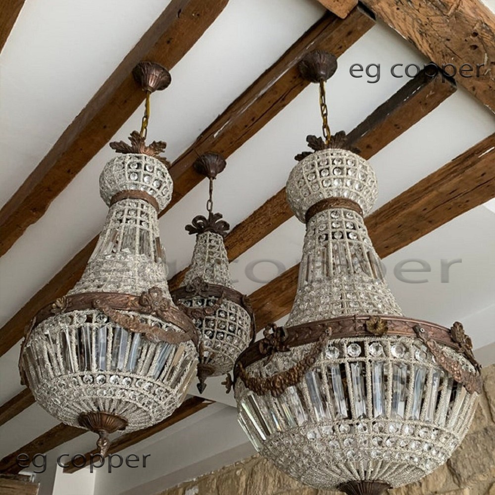 Antique Bronze French Crystal Basket Chandelier with Conical Garland Design A95