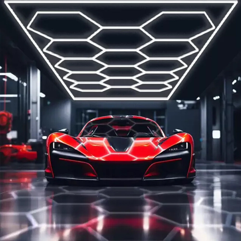 LED Hexagon Garage Lights 14 Grid Hex Car Detailing Light for Basement Workshop