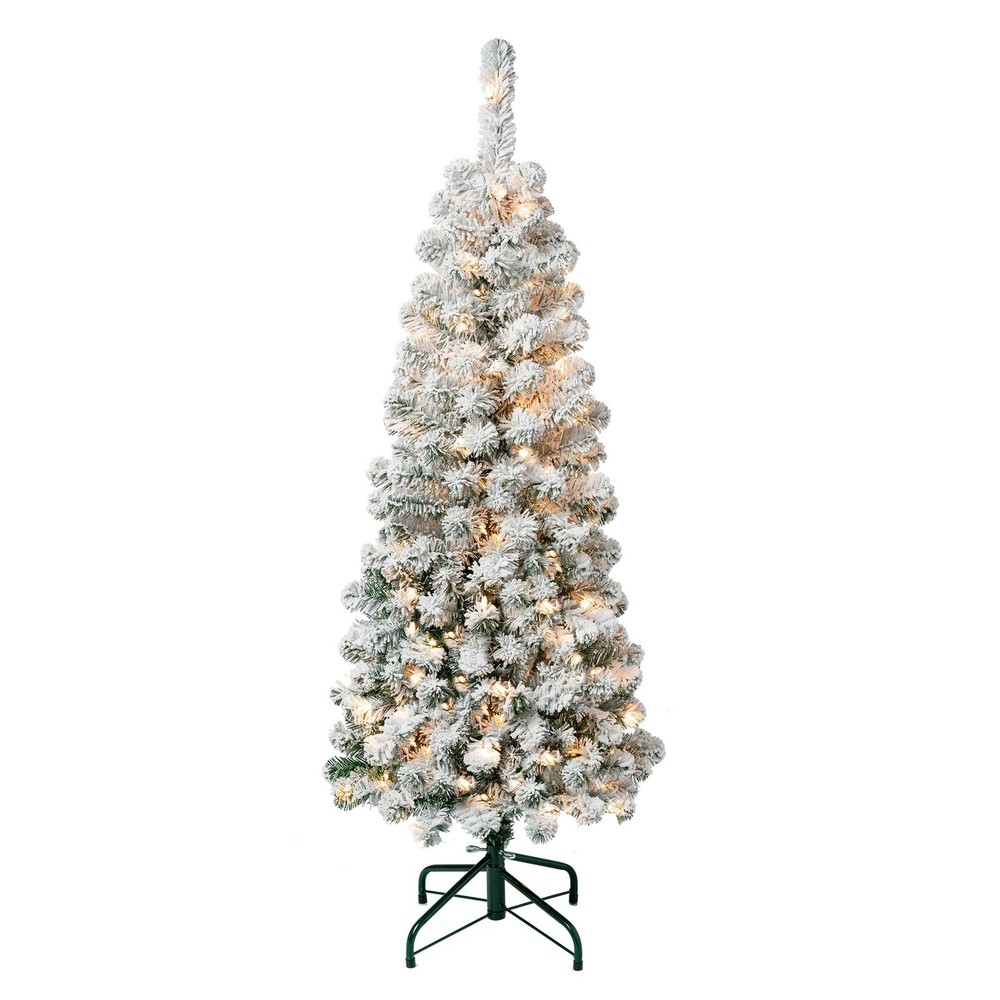 4.5 ft. Pre-Lit Acacia Pencil Slim Flocked Tree with Clear Lights, Plug-In