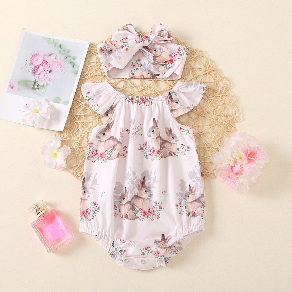 Newborn Baby Girl Easter Bunny Printed Outfit Bodysuit Romper Headband Set 0-24M
