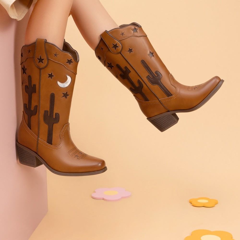 US Kids Girls Cowboy Boots Square Toe Mid Calf Boots Western Boots Riding Boots