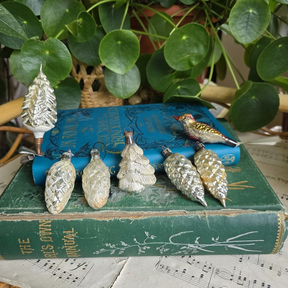 Antique German Lauscha Mercury Glass Christmas Tree Pine Cones & Clip Ons X 7