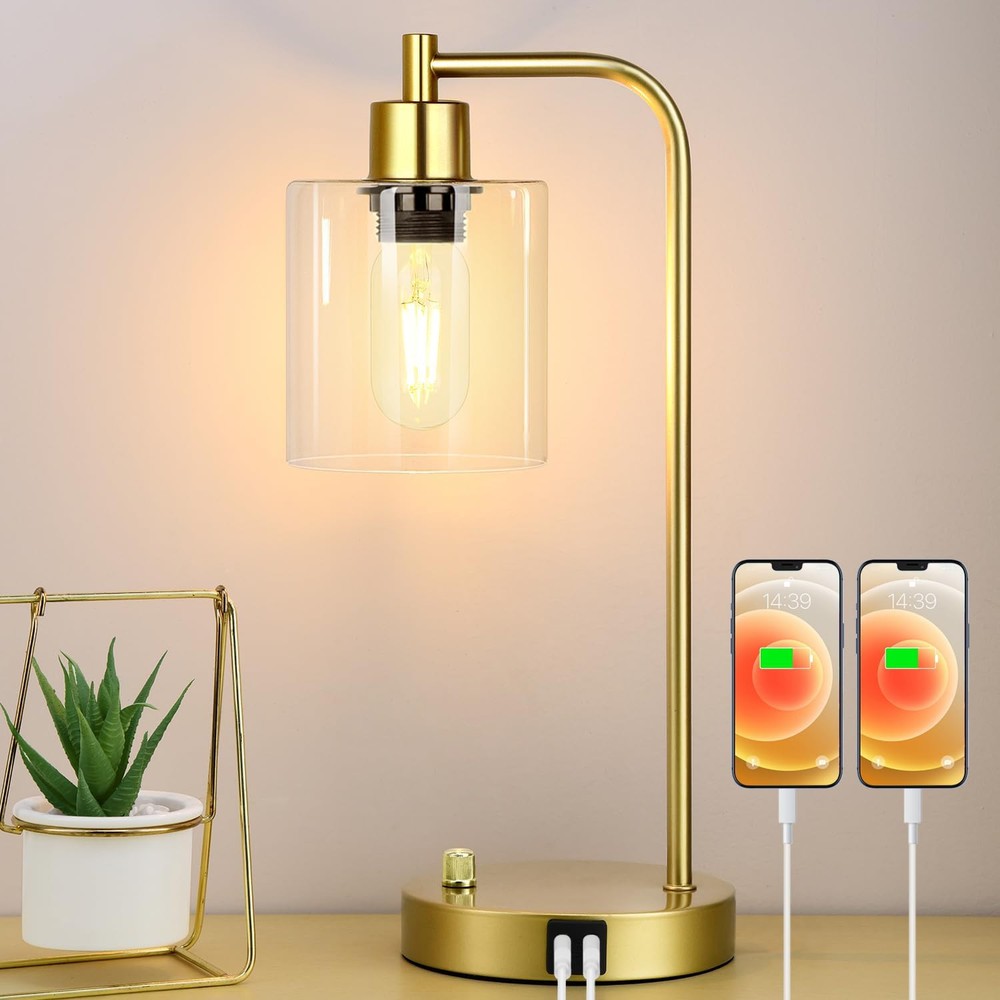Sleek Gold Industrial Table Lamp with 2 USB Ports and Fully Adjustable Stepless Design