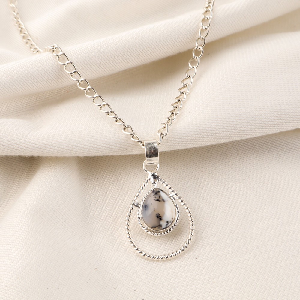 Valentines Sale 925 Silver Faceted Natural Dendritic Opal Bezel Wedding Pendant