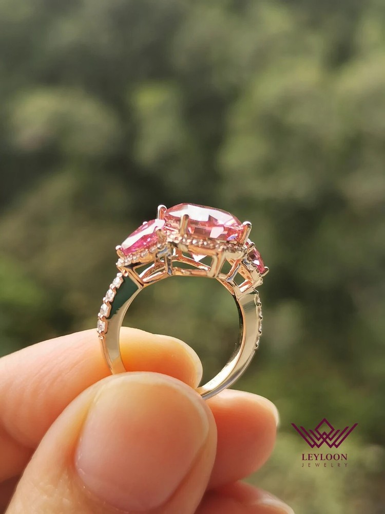 5 Carat Pink Oval Cut Halo Three-stone VVS Moissanite  14K Rose Gold Ring