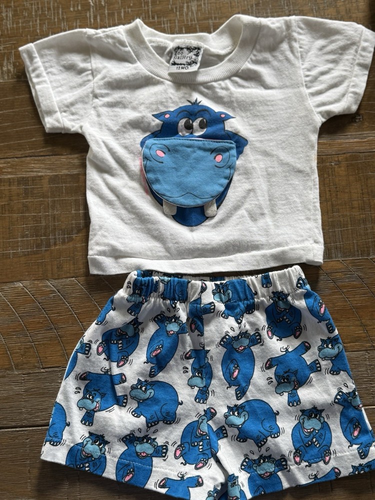 Zoo Gallery 2pc Shorts Set 12M White Tee & Blue Hippo Print Shorts