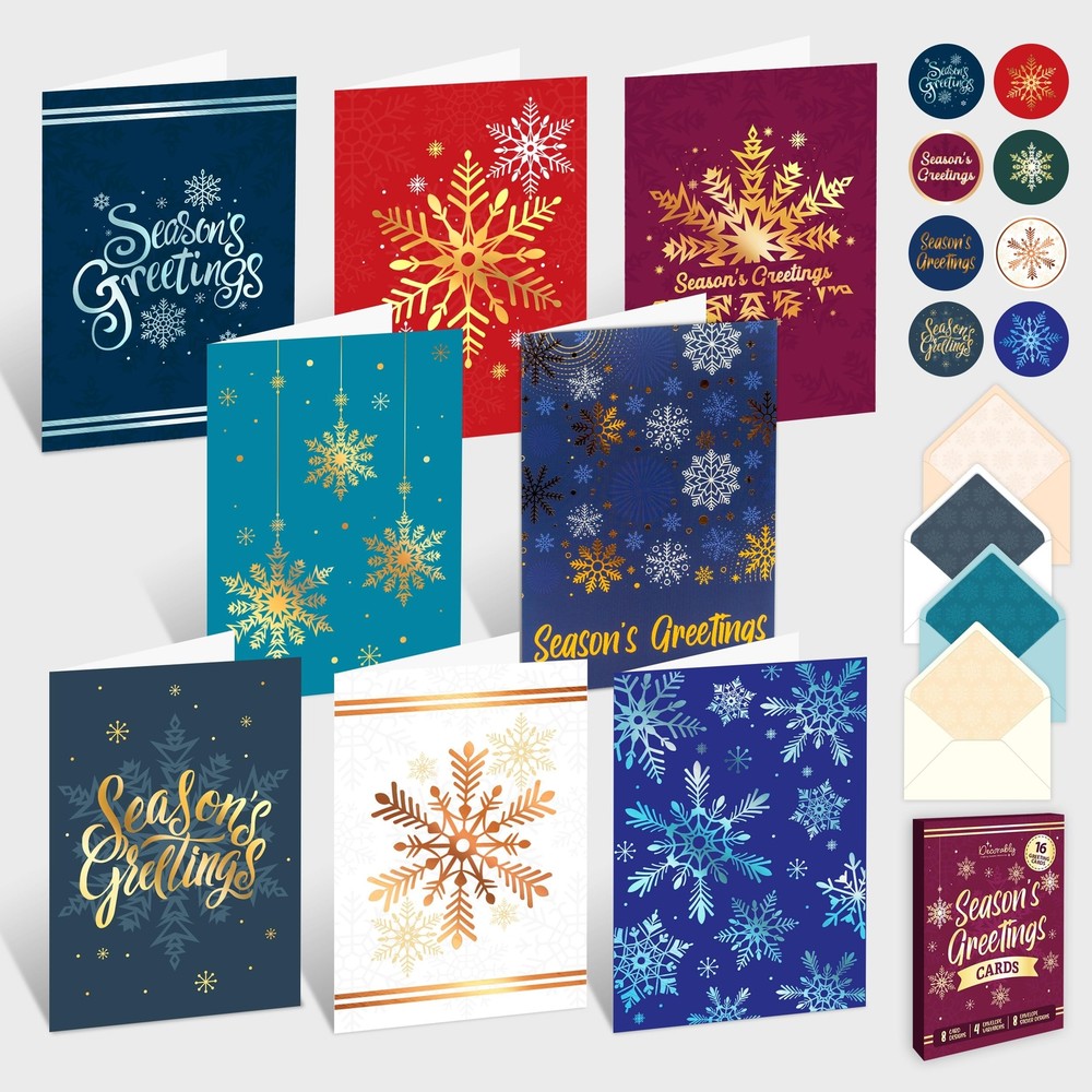 16 Pack Foiled 5x7in Snowflake Christmas Cards with Envelopes
