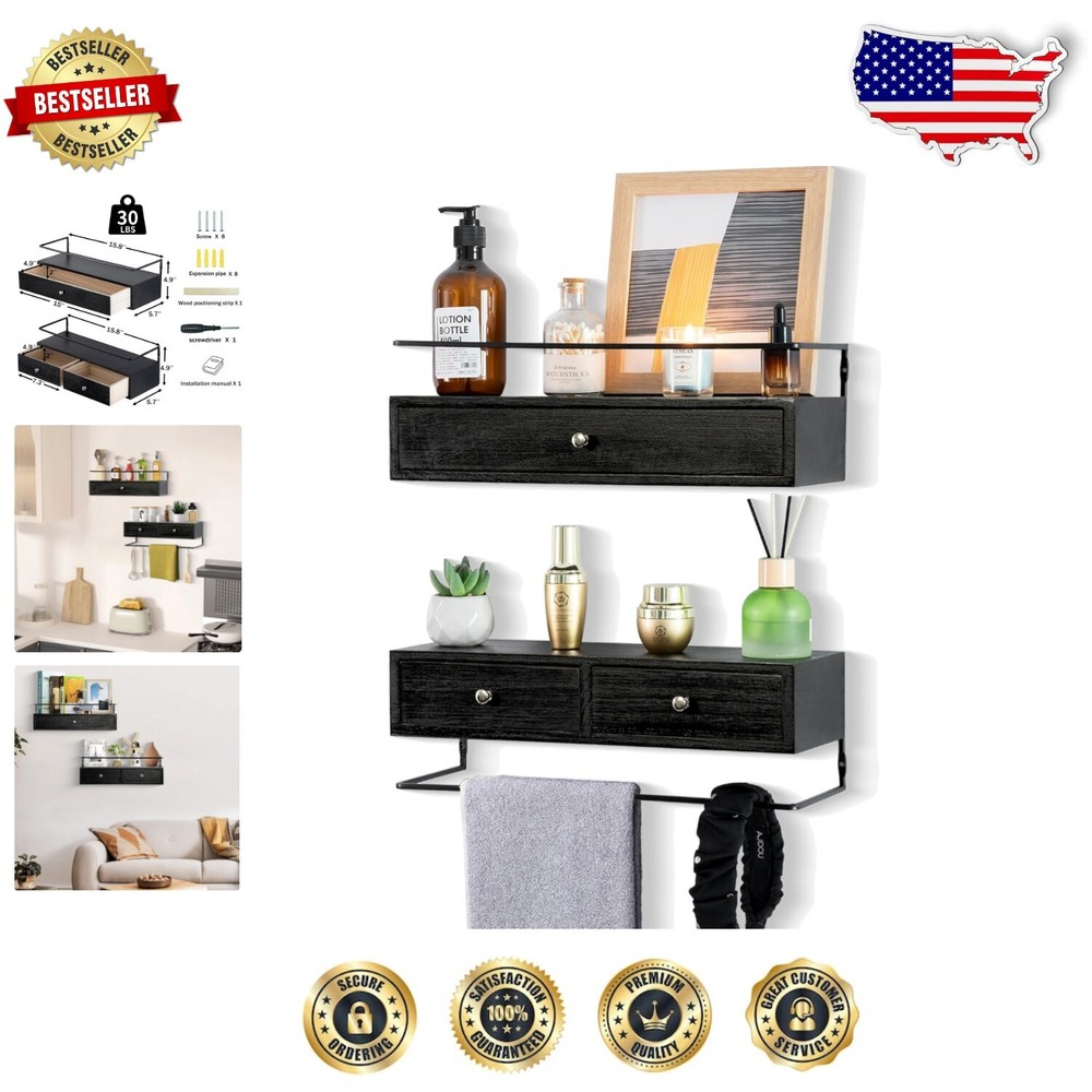 Rustic Floating Shelves Set of 2 with Drawers for Stylish Wall Storage