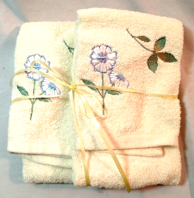 Pair (2) of Pretty Pale Yellow & Floral Embroidered Hand Towels - As Is