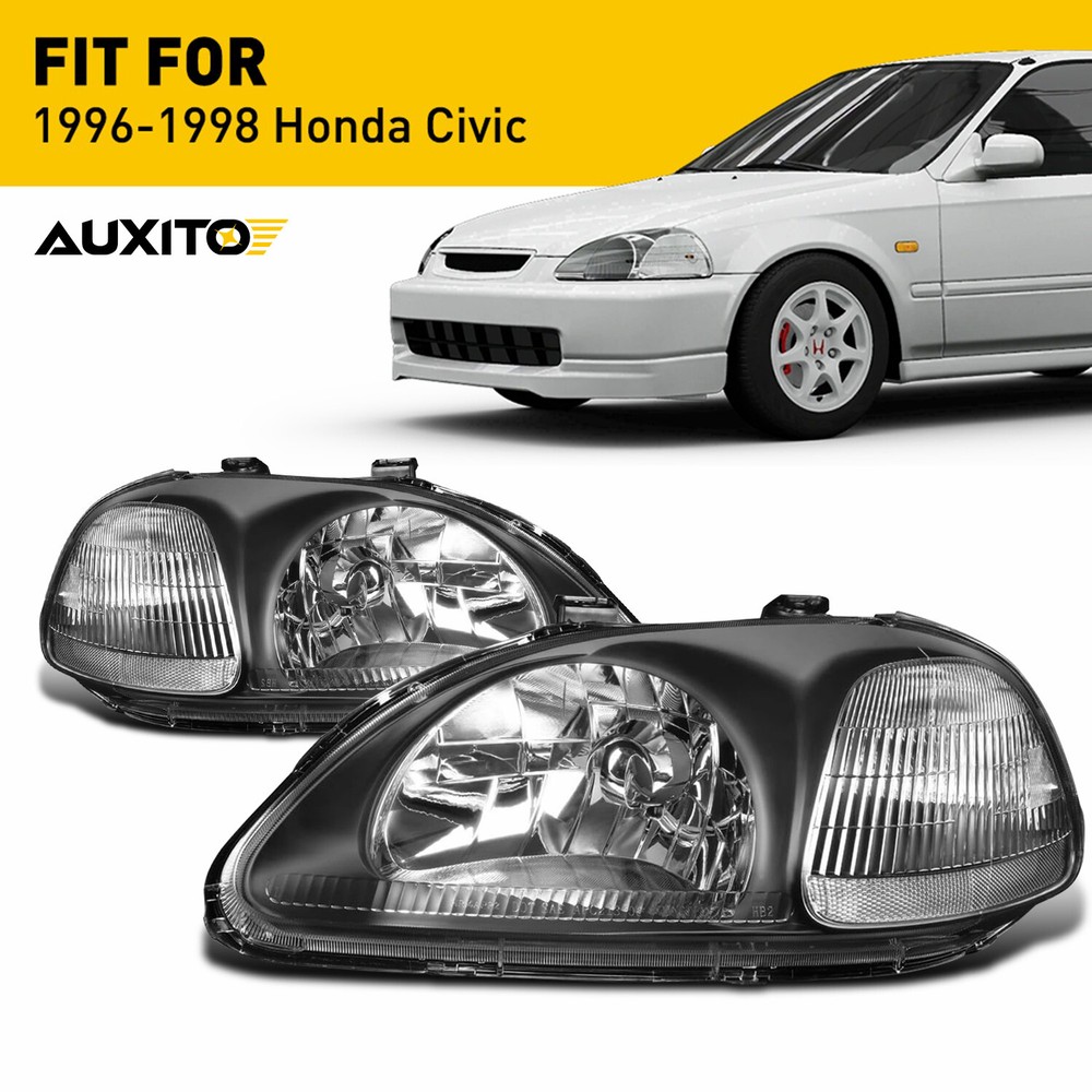 FIT 1996 1997 1998 HONDA CIVIC BLACK HOUSING W/CLEAR HEADLIGHTS REFLECTOR LAMPS