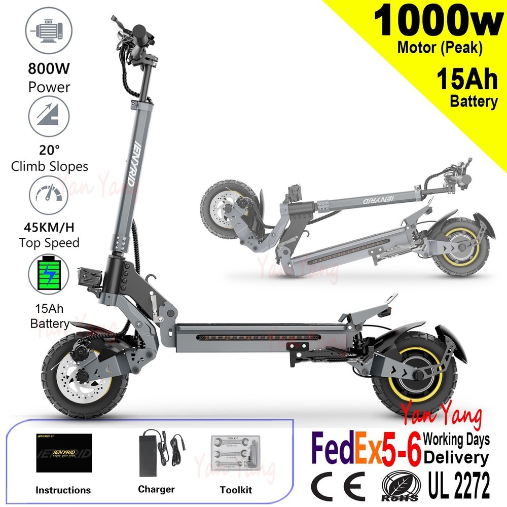 Powerful iENYRID 1000W E-Scooter with 48V 15Ah Battery 28MPH Speed 10 Inch Pneumatic Tires Foldable Design