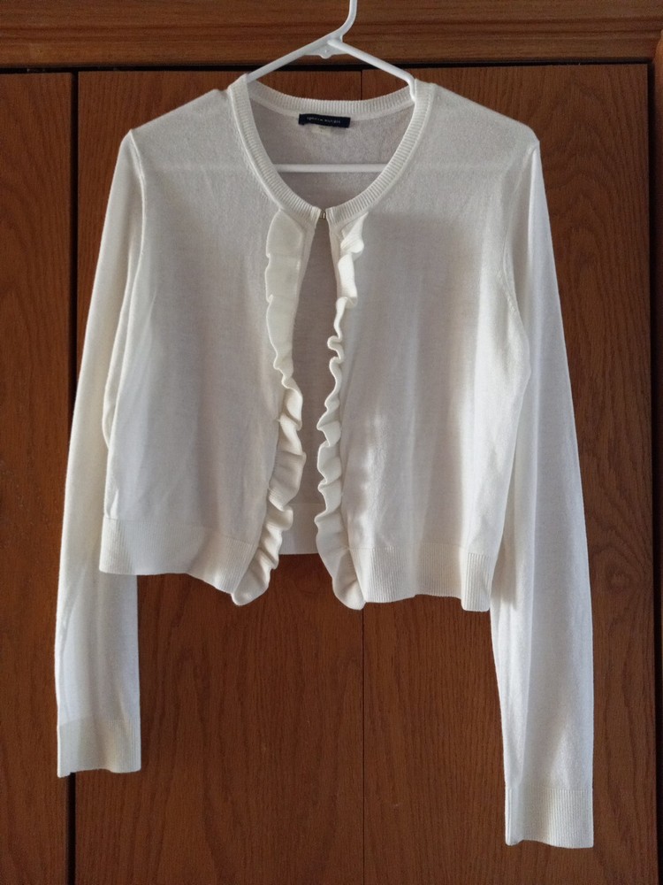 Tommy Hilfiger Off of white Ruffle Front Clasp Lightweight crop Cardigan - Sz L