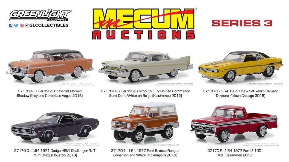 GREENLIGHT MECUM AUCTION SERIES 3 CHEVY FORD CASE OF 6 PC 1/64 DIECAST CAR 37170