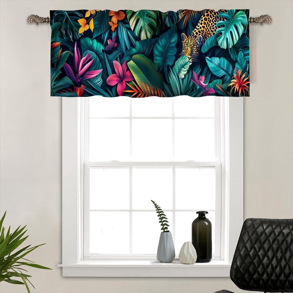 1 Panel Tropical Leopard Floral Kitchen Valance Curtains for Windows, Botanic...