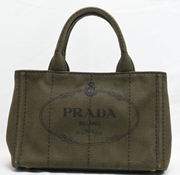 Auth PRADA Canapa BN2439 Khaki Canvas Tote Bag