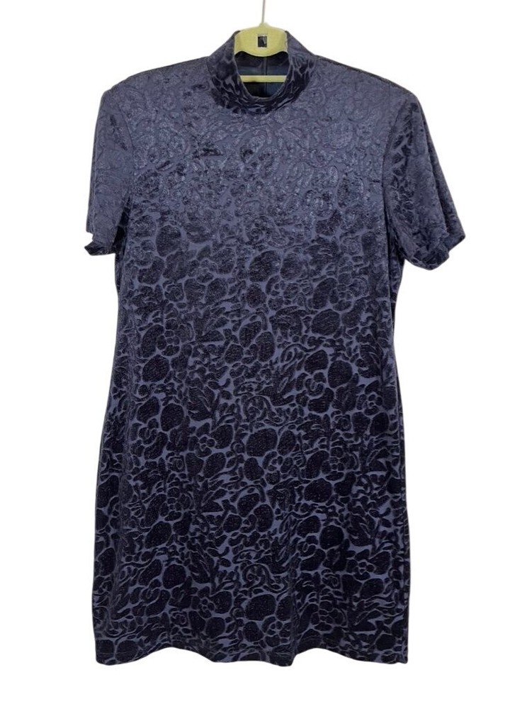 KC Spencer Dress Women M Blue Mock Neck Floral Burnout Retro 80s Y2K Velvet