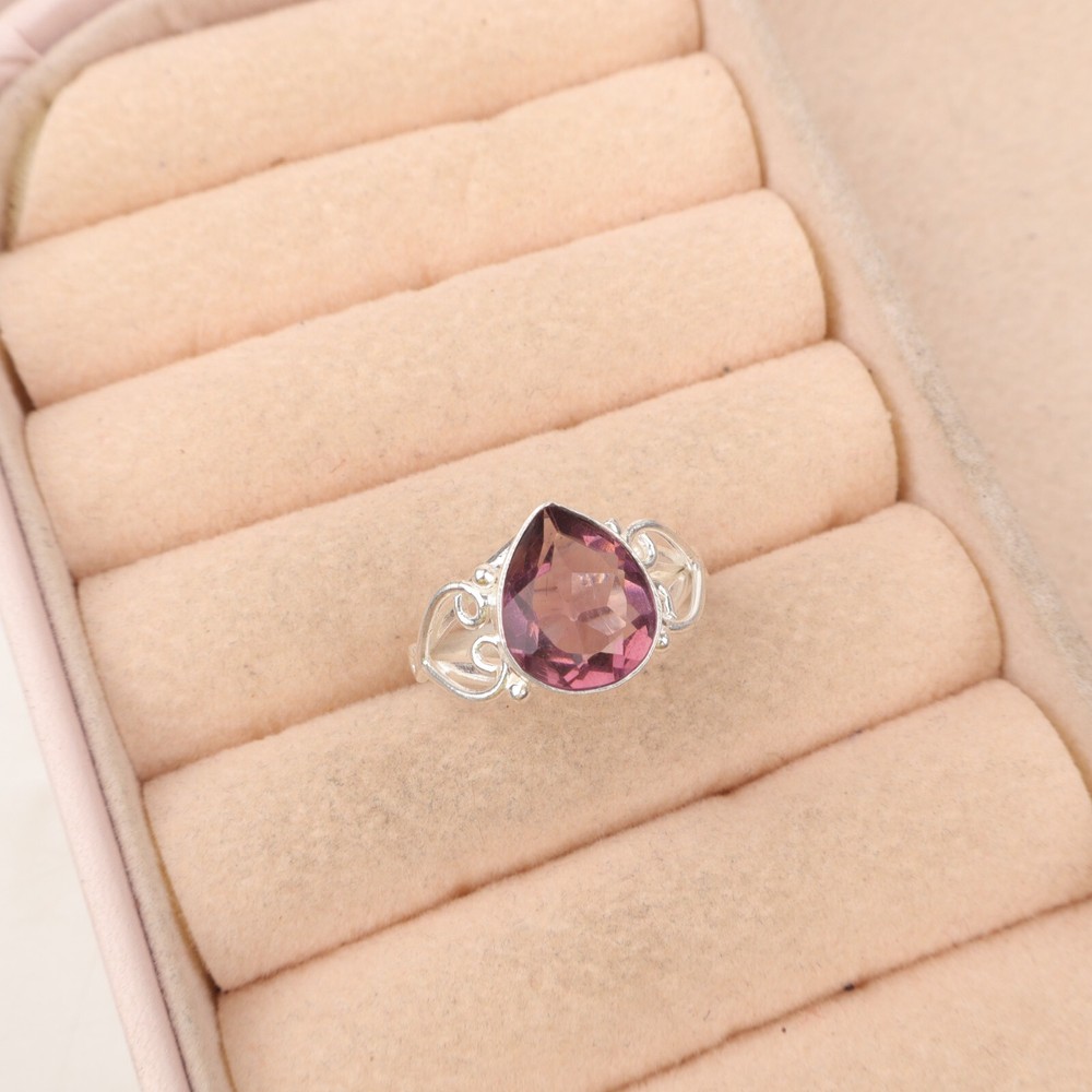 Sterling Silver Pear Cut Rhodolite Gemstone Band Valentines Ring Size All Size