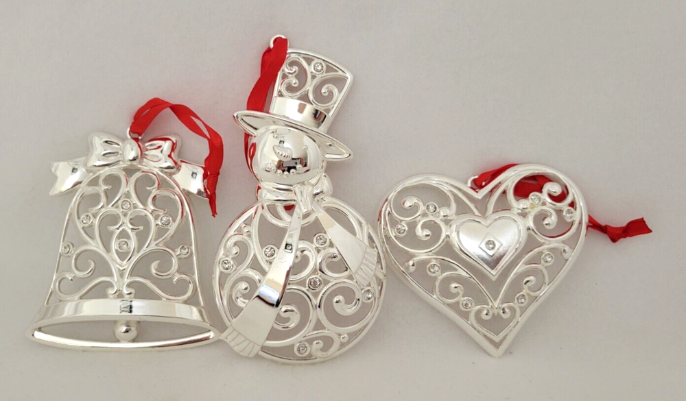 Lenox Silver Christmas Ornaments Featuring Bell Heart Snowman Design