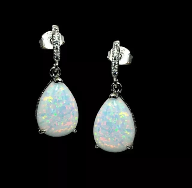 3Ct Pear  Fire Opal Lab Created Tear Drop/Dangle Earrings 14K White Gold Plated