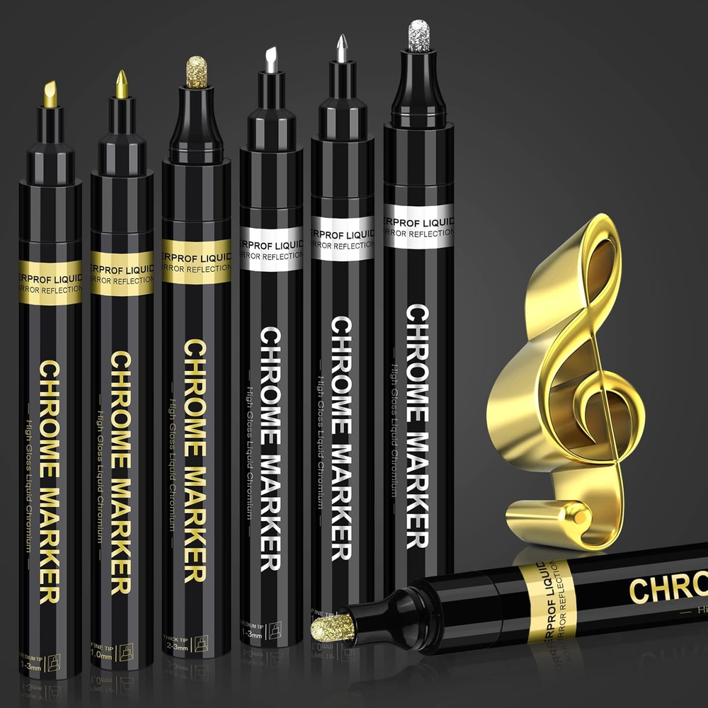 6Pcs Oil-Based Chrome Mirror Markers - Silver & Gold Permanent Metallic Markers