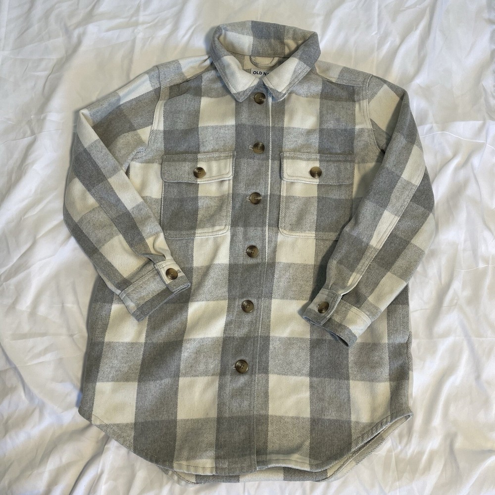 Old Navy Shacket ~ Cream & Gray Plaid ~ Women’s Small Heavy Flannel Shirt Jacket