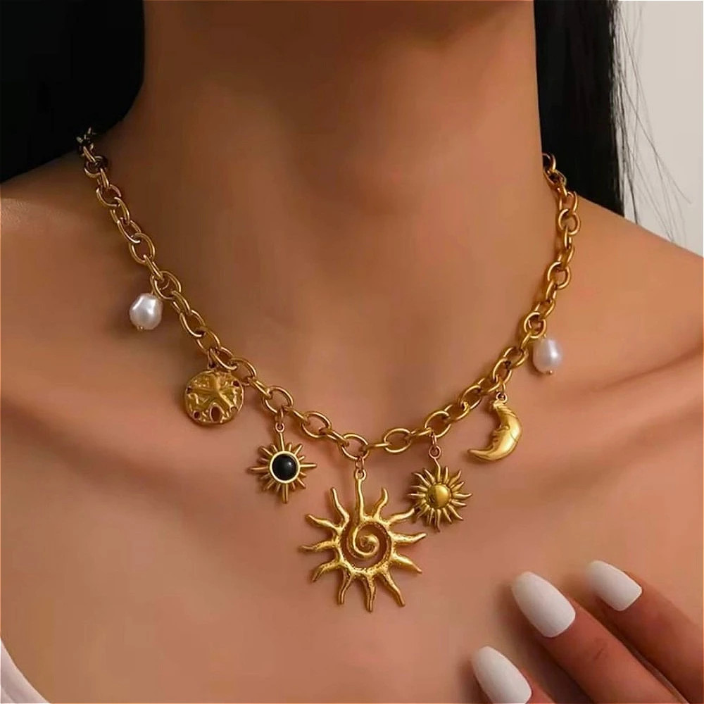 Retro Sun Moon Starfish Shaped Pendant Stainless Steel Charm Necklace for Women