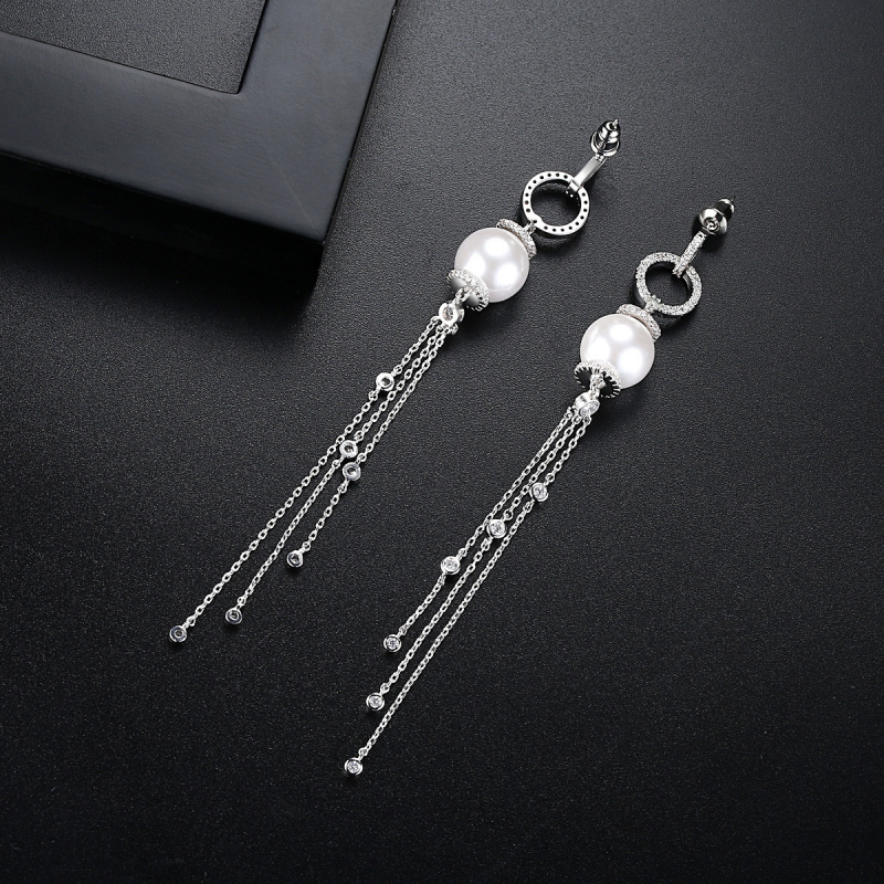 Long Tassel Earrings Inlaid With Pearl Zircon Womens Fashion Gold Plated Jewelry