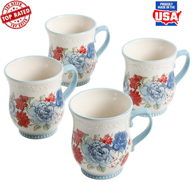 Vibrant 17 Oz Floral Stoneware Mug Set Microwave Safe 4-Pack Dishwasher Durable