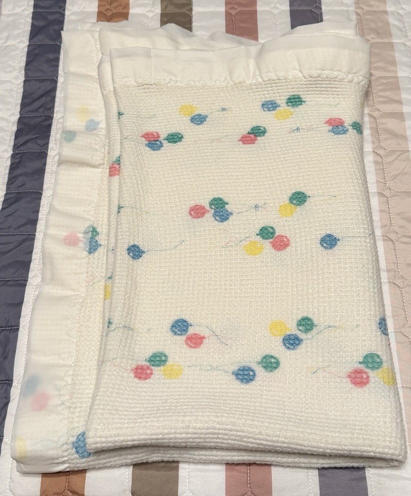 Vintage Baby Morgan White Waffle Knit Pastel Balloons Satin Edge Blanket 36x46”