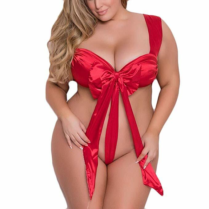 Red Satin Bow Knot Sleepwear Bodysuit for Women Size 2XL