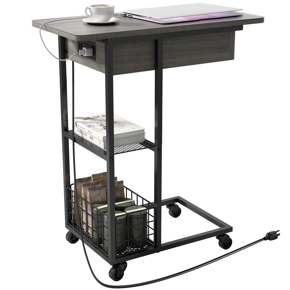 C Shaped Flip Top End Table with USB Charging Station and Storage