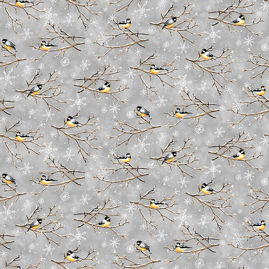 Christmas Fabric | Bundle Up Chickadee Branch Gray | Henry Glass YARD