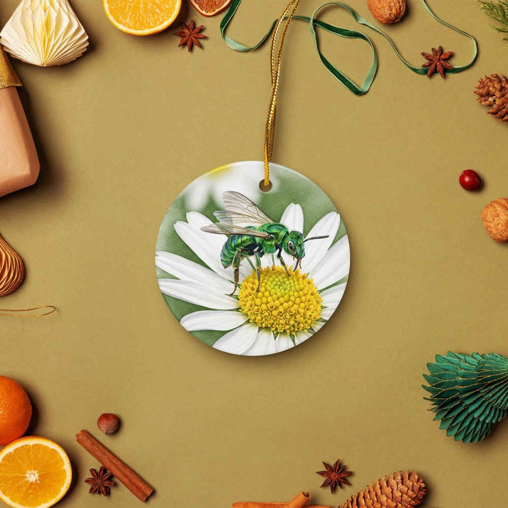 Double-Sided Ceramic Ornament with Green Sweat Bee and Daisy Fleabane Design-image