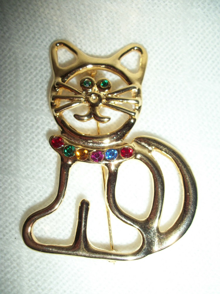 GOLD PLATED CAT KITTY OPEN WORK PIN WITH MULTI COLOR CRYSTAL RHINESTONES NEW