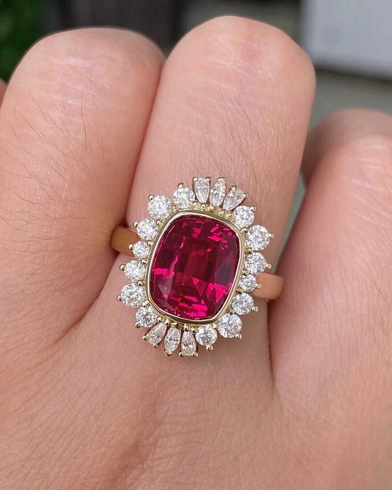 3.75 Ct Cushion Natural Ruby & Diamond Wedding Ring 14K Yellow Gold