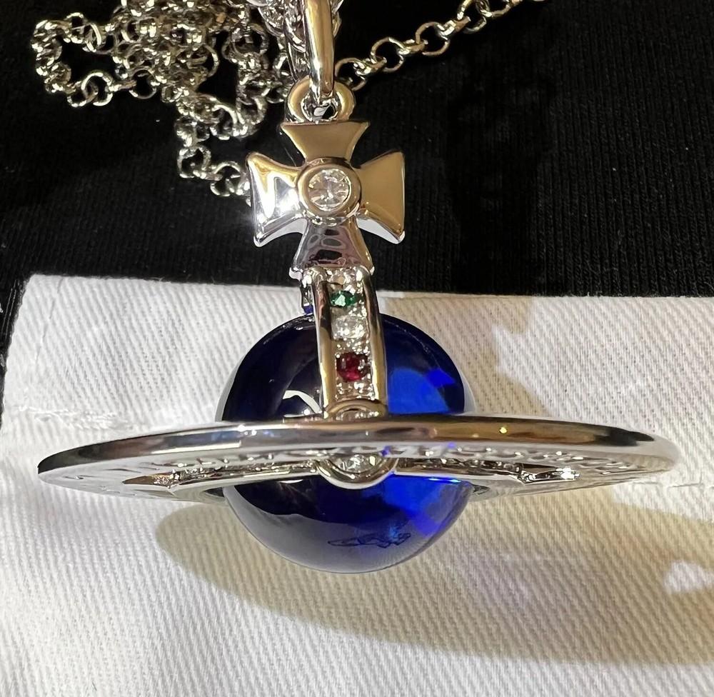 Vivienne Westwood Nana Big Orb Necklace Silver Tone Sapphire Blue Pendant #117