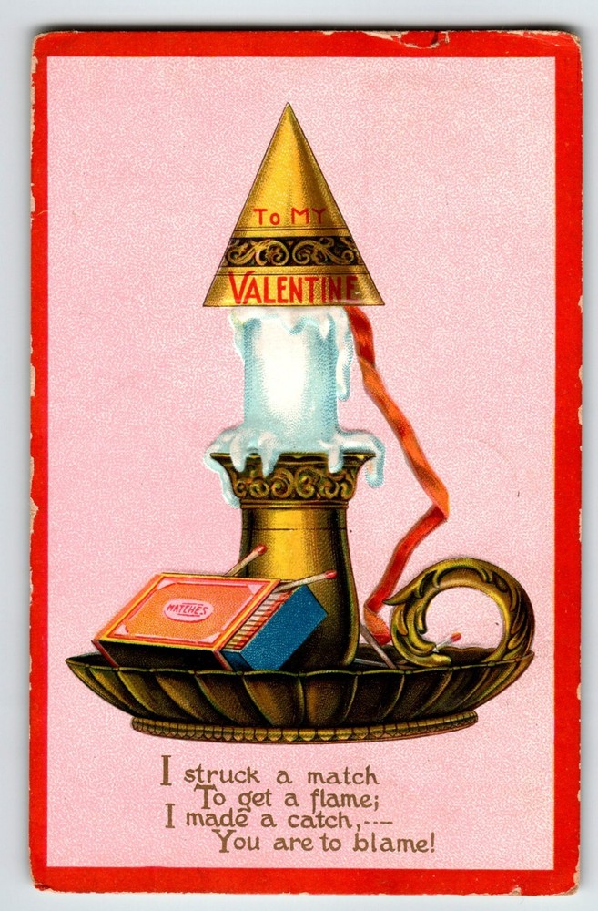 Vintage 1911 Valentines Day Postcard with Candlestick Holder Matches Poem Tuck Series 5