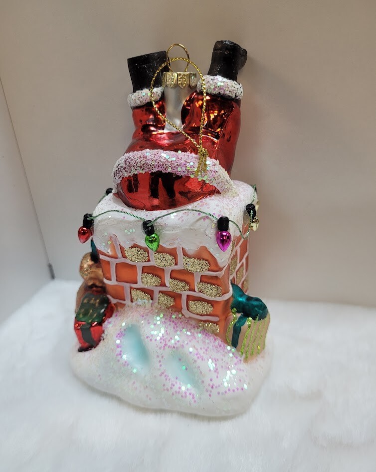 Hand Blown Glass Christmas Ornament Santa in Chimney Upside Down in Snow 5