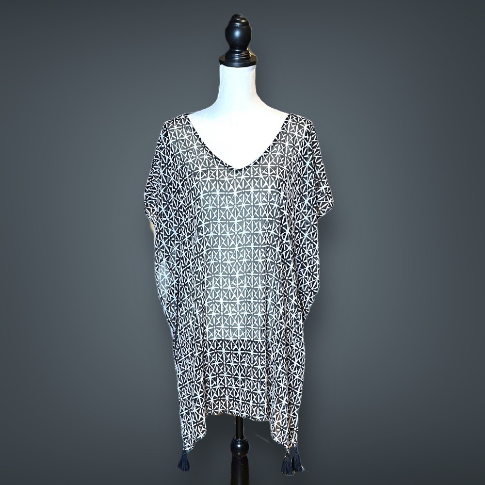 Kona Sol Sheer Swim Cover Up Dress Women's Lattice Back Chiffon Kaftan Beach M