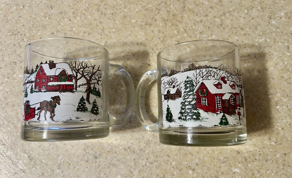 2 Vintage Libbey Currier & Ives Sleigh Glass Mug Winter Snow Scene USA