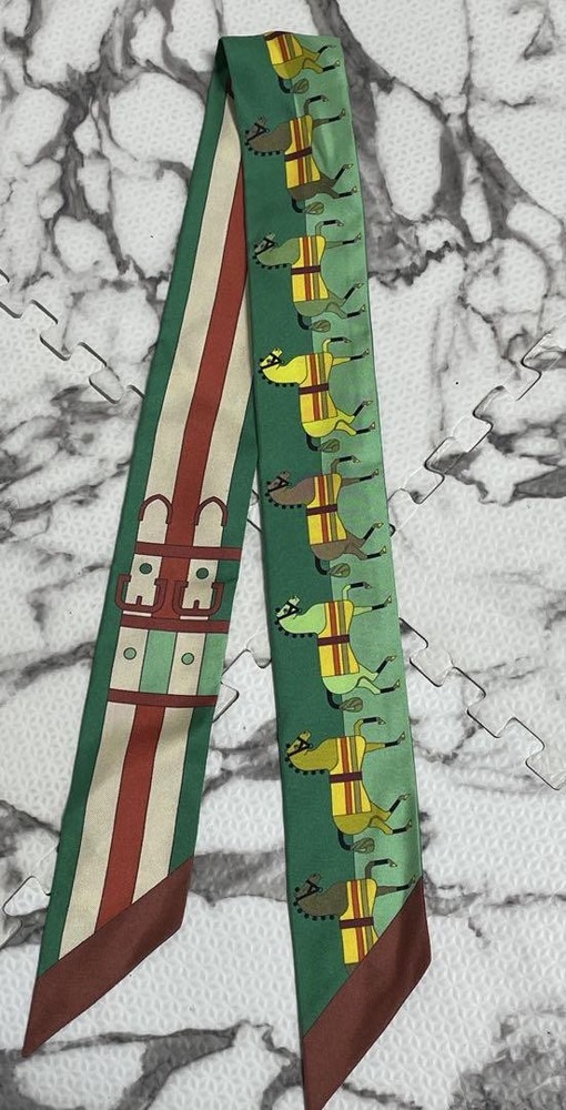 HERMES Rocavalle Silk Scarf Green Yellow Horse Print Luxury Made in France