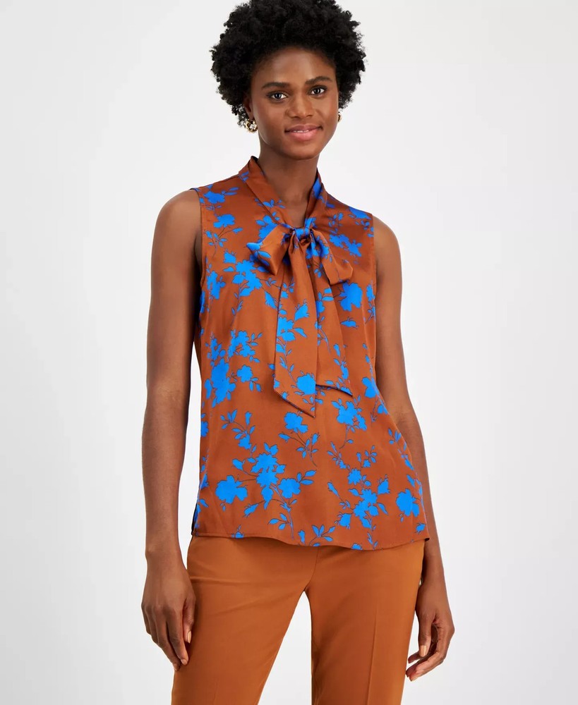 Tahari ASL Women's Top Sz XS Floral-Print Bow-Neck Blouse