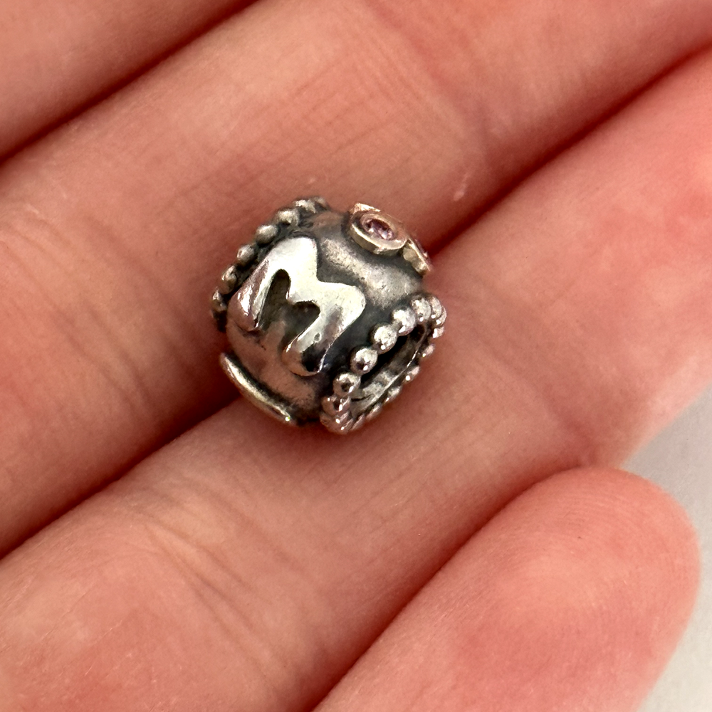 Pandora 925 Sterling Silver & 14K Yellow Gold Two Tone Mom Pink CZ Bead Charm