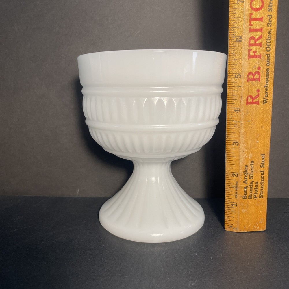 Vintage Compote MCM Milk Glass Footed Pedestal Planter Vase Ribbed Design