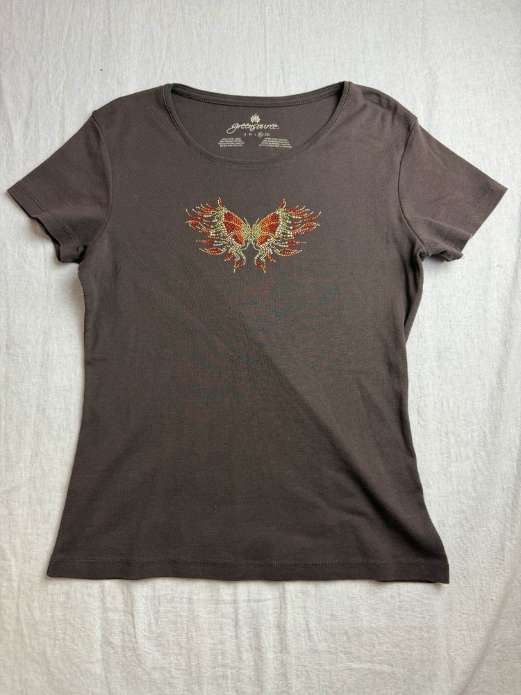 Greensource Butterfly Rhinestone Top Womens XL Brown Y2K Fairycore Grunge Bling